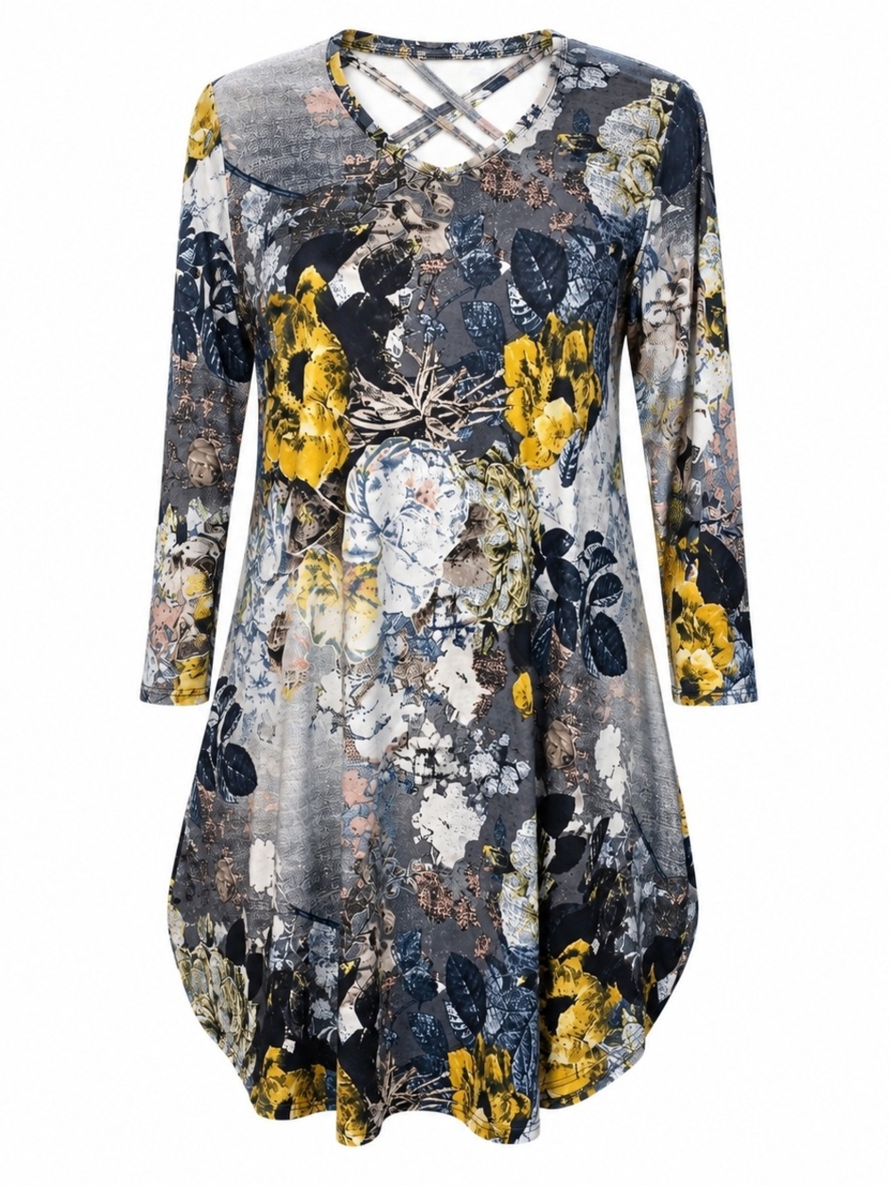 #1197 Crépas Women's Floral Criss Cross Neck Tunic Top